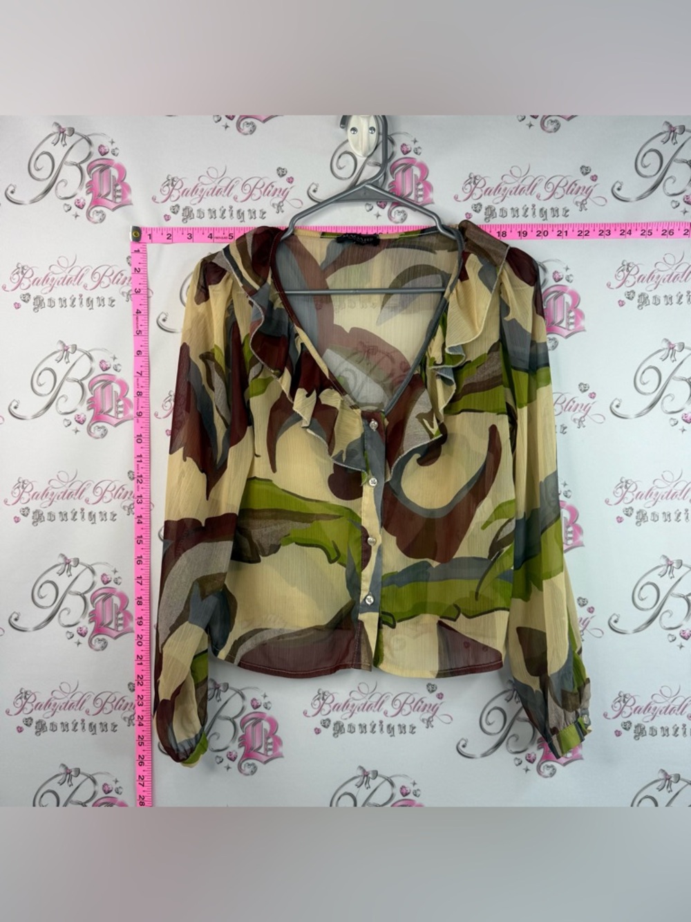 Magari long sleeve top green Sheer Ruffle Button-Front Blouse Green Color way